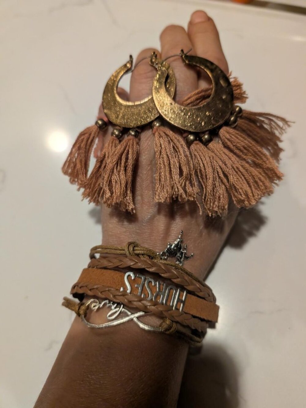 Brown Leather Wrap Bracelet Infinity "Love Horses" & Matching Earrings